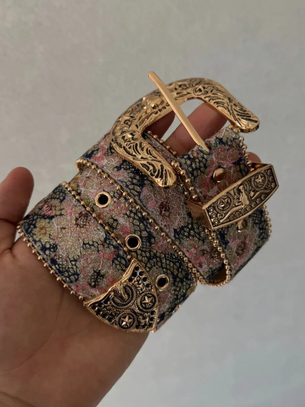 Pink Floral Jacquard Gold Western Buckle Belt